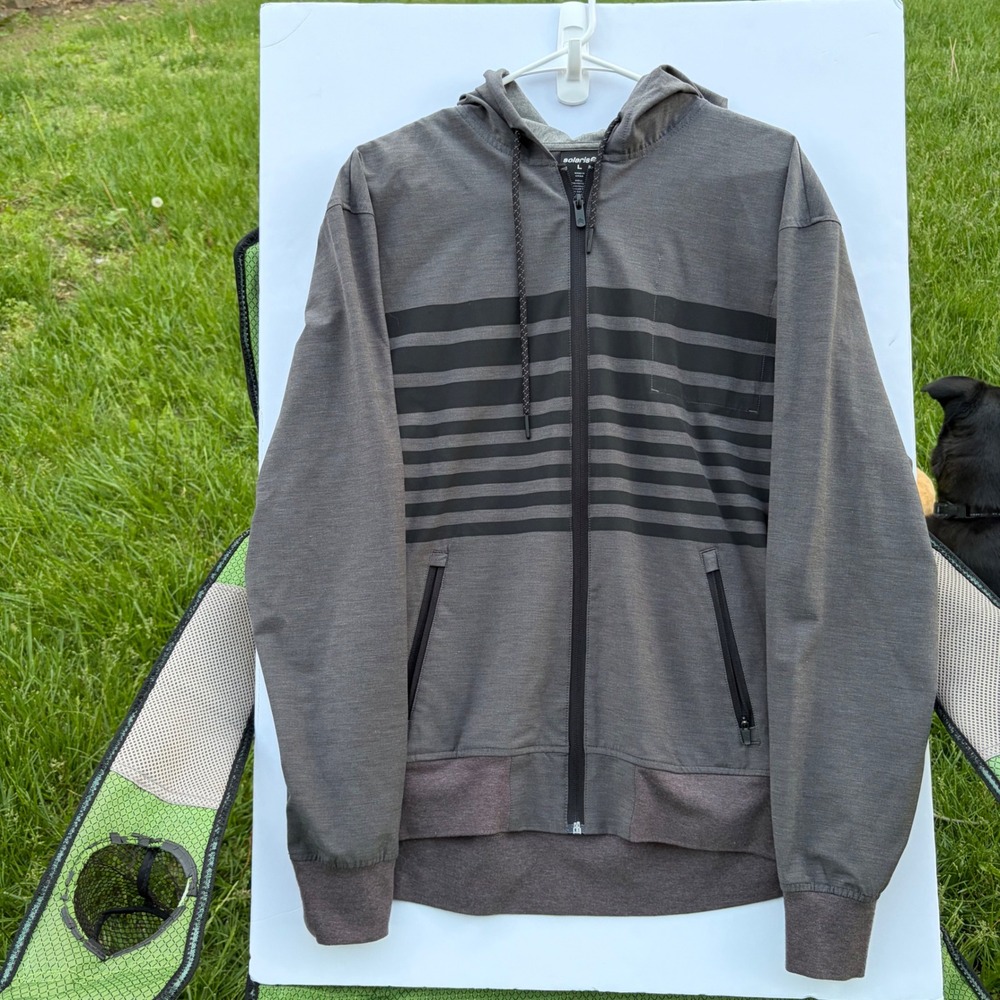 Solaris Mens Full‎ Zip Hoodie Gray Black Striped Recycled Coconut Blend Large